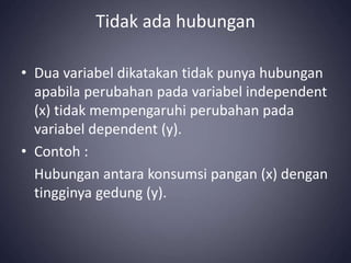 Tidak ada hubungan
• Dua variabel dikatakan tidak punya hubungan
apabila perubahan pada variabel independent
(x) tidak mempengaruhi perubahan pada
variabel dependent (y).
• Contoh :
Hubungan antara konsumsi pangan (x) dengan
tingginya gedung (y).
 