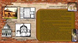 Fotografía
Titulo de la obra: CAPILLA PAZZI
(CAPPELLA DEI PAZZI
Planta
Autor: FILIPPO BRUNELLESCHI
Alzado
Estilo: ARQUITECTURA DEL
RENACIMIENTO
Sección
Cronología: 1433-1446
SIGLO XV
ANÁLISIS DE OBRAS ARQUITECTÓNICAS: RENACIMIENTO
CAPPELLA DEI PAZZI
DESCRIPCIÓN E IDENTIFICACIÓN ANÁLISIS Y CARACTERÍSTICAS
SISTEMAARQUITECTÓNICO: ABOVEDÁDO
• Esta capilla es considerada el ejemplo más representativo de la arquitectura de
Brunelleschi, y una de las obras fundamentales y más bellas del Renacimiento.
El tamaño de la capilla está en función del hombre y ya no de Dios.
• Brunelleschi tuvo que adaptarse a un espacio muy pequeño. La planta es de
cruz griega con una cúpula central, pórtico exterior y altar. En su interior existe
un eje longitudinal que marca el camino hacia el altar.
• Existe simetría en su eje vertical y horizontal. Así mismo la cúpula principal se
encuentra exactamente en el centro de la planta. El pórtico y el área en donde
se encuentra el altar tienen las mismas dimensiones, así mismo sus respectivas
cúpulas.
• La luz que existe entre cada columna del pórtico está dada por un módulo
• La fachada está compuesta por un pórtico de cinco tramos entre seis columnas
de orden compuesto y fuste liso.
• Los cuatro extremos adintelados y el del centro en forma de arco de medio
punto. Sobre el pórtico se encuentra un ático que está seccionado por la gran
cúpula central que sobresale en la parte superior.
• El pórtico está cubierto por una bóveda de cañón y en el centro por una
pequeña cúpula de colores de Luca della Robbia.
• Las columnas de esta parte son de orden compuesto y el fuste tiene siete estrías.
• Posee una pequeña cúpula en el techo y dos vitrales en su parte posterior.
• Las paredes interiores están diseñadas con un sistema de módulos y
correspondencia entre las partes. Ambas tienen simetría vertical, y el módulo
de un círculo dentro de un rectángulo se repite dos veces en cada lado de la
pared. En el centro existe un rectángulo más acho que contiene la puerta o el
altar; y en su parte superior hay tres semicírculos: dos concéntricos que forman
el arco mayor y uno más pequeño que forma un arco decorativo encima de la
puerta y encima del altar.
 