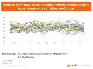 Análisis de Riesgo de un proyecto minero considerando la
incertidumbre de variables geológicas
Fecha: abril 2020
Ubicación: Lima
© SRK Consulting (UK) Ltd 2016. All rights reserved.
Presentado por : Msc. José Enrique Gutiérrez Ramirez - MAusIMM (CP)
Ing. Eliott Hidalgo
8
8.5
9
9.5
10
10.5
11
11.5
0 0.1 0.2 0.3 0.4 0.5 0.6 0.7 0.8 0.9 1
Frecuencia(%)
 