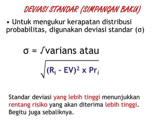 DEVIASI STANDAR (SIMPANGAN BAKU)
Standar deviasi yang lebih tinggi menunjukkan
rentang risiko yang akan diterima lebih tinggi.
Begitu juga sebaliknya.
 
