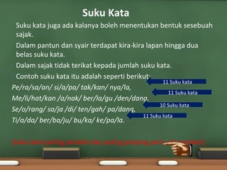 Suku Kata
• Suku kata juga ada kalanya boleh menentukan bentuk sesebuah
  sajak.
• Dalam pantun dan syair terdapat kira-kira lapan hingga dua
  belas suku kata.
• Dalam sajak tidak terikat kepada jumlah suku kata.

• Contoh suku kata itu adalah seperti berikut:
                                                   11 Suku kata
Pe/ra/sa/an/ si/a/pa/ tak/kan/ nya/la,
                                                     11 Suku kata
Me/li/hat/kan /a/nak/ ber/la/gu /den/dang,
                                                  10 Suku kata
Se/o/rang/ sa/ja /di/ ten/gah/ pa/dang,
                                           11 Suku kata
Ti/a/da/ ber/ba/ju/ bu/ka/ ke/pa/la.

{Suku kata paling pendek dan paling panjang perlu dinyatakan}.
 
