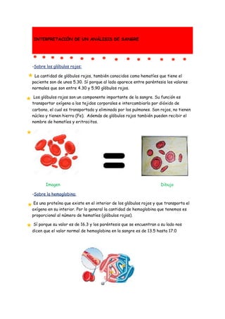 INTERPRETACIÓN DE UN ANÁLISIS DE SANGRE
-Sobre los glóbulos rojos:
La cantidad de glóbulos rojos, también conocidos como hematíes que tiene el
paciente son de unos 5.30. Sí porque al lado aparece entre paréntesis los valores
normales que son entre 4.30 y 5.90 glóbulos rojos.
Los glóbulos rojos son un componente importante de la sangre. Su función es
transportar oxígeno a los tejidos corporales e intercambiarlo por dióxido de
carbono, el cual es transportado y eliminado por los pulmones. Son rojos, no tienen
núcleo y tienen hierro (Fe). Además de glóbulos rojos también pueden recibir el
nombre de hematíes y eritrocitos.
Imagen Dibujo
-Sobre la hemoglobina:
Es una proteína que existe en el interior de los glóbulos rojos y que transporta el
oxígeno en su interior. Por lo general la cantidad de hemoglobina que tenemos es
proporcional al número de hematíes (glóbulos rojos).
Sí porque su valor es de 16.3 y los paréntesis que se encuentran a su lado nos
dicen que el valor normal de hemoglobina en la sangre es de 13.5 hasta 17.0
 