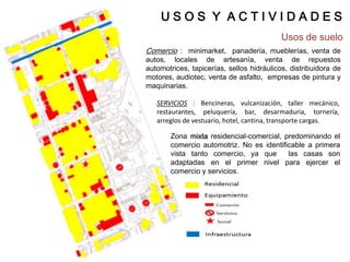 USOS Y ACTIVIDADES
                                           Usos de suelo
Comercio : minimarket, panadería, mueblerías, venta de
autos, locales de artesanía, venta de repuestos
automotrices, tapicerías, sellos hidráulicos, distribuidora de
motores, audiotec, venta de asfalto, empresas de pintura y
maquinarias.

   SERVICIOS : Bencineras, vulcanización, taller mecánico,
   restaurantes, peluquería, bar, desarmaduria, tornería,
   arreglos de vestuario, hotel, cantina, transporte cargas.

       Zona mixta residencial-comercial, predominando el
       comercio automotriz. No es identificable a primera
       vista tanto comercio, ya que       las casas son
       adaptadas en el primer nivel para ejercer el
       comercio y servicios.
 