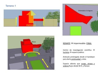 Terreno 1
                                                    Orientado a la laguna




            Altura
                                   REMATE  Impermeable- FINAL

                     Espacio
                     visual a la   Centro de investigación científica 
                     laguna        turística  espacio público

                                   Antesala prolongada desde el bandejon
                                   para darle continuidad a éste.

                                   Espacio abierto que acoge, atrapa y
                                   ordena flujos desde M.R. y Paicaví.
 