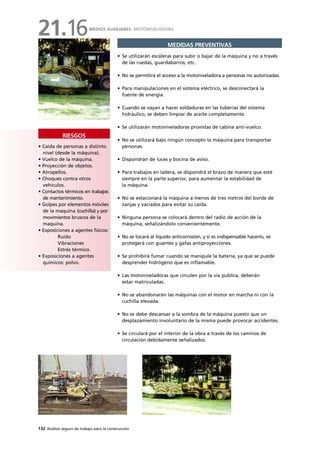 132 Análisis seguro de trabajo para la construcción
• Caída de personas a distinto
nivel (desde la máquina).
• Vuelco de la máquina.
• Proyección de objetos.
• Atropellos.
• Choques contra otros
vehículos.
• Contactos térmicos en trabajos
de mantenimiento.
• Golpes por elementos móviles
de la maquina (cuchilla) y por
movimientos bruscos de la
maquina.
• Exposiciones a agentes físicos:
Ruido
Vibraciones
Estrés térmico.
• Exposiciones a agentes
químicos: polvo.
RIESGOS
MEDIDAS PREVENTIVAS
• Se utilizarán escaleras para subir o bajar de la máquina y no a través
de las ruedas, guardabarros, etc.
• No se permitirá el acceso a la motoniveladora a personas no autorizadas.
• Para manipulaciones en el sistema eléctrico, se desconectará la
fuente de energía.
• Cuando se vayan a hacer soldaduras en las tuberías del sistema
hidráulico, se deben limpiar de aceite completamente.
• Se utilizarán motoniveladoras provistas de cabina anti-vuelco.
• No se utilizará bajo ningún concepto la máquina para transportar
personas.
• Dispondrán de luces y bocina de aviso.
• Para trabajos en ladera, se dispondrá el brazo de manera que esté
siempre en la parte superior, para aumentar la estabilidad de
la máquina.
• No se estacionará la máquina a menos de tres metros del borde de
zanjas y vaciados para evitar su caída.
• Ninguna persona se colocará dentro del radio de acción de la
máquina, señalizándolo convenientemente.
• No se tocará al liquido anticorrosión, y si es indispensable hacerlo, se
protegerá con guantes y gafas antiproyecciones.
• Se prohibirá fumar cuando se manipule la batería, ya que se puede
desprender hidrógeno que es inflamable.
• Las motoniveladoras que circulen por la vía publica, deberán
estar matriculadas.
• No se abandonarán las máquinas con el motor en marcha ni con la
cuchilla elevada.
• No se debe descansar a la sombra de la máquina puesto que un
desplazamiento involuntario de la misma puede provocar accidentes.
• Se circulará por el interior de la obra a través de los caminos de
circulación debidamente señalizados.
MEDIOS AUXILIARES: MOTONIVELADORA
21.16
 