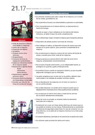 134 Análisis seguro de trabajo para la construcción
RIESGOS
MEDIDAS PREVENTIVAS
• Caída de personas a distinto
nivel (desde la máquina).
• Vuelco de la máquina.
• Proyección de objetos.
• Atropellos.
• Choques contra otros
vehículos.
• Atrapamientos.
• Contactos térmicos en
trabajos de mantenimiento.
• Golpes por elementos móviles
de la maquina (pala).
• Exposiciones a agentes físicos:
Ruido
Vibraciones
Estrés térmico.
• Exposiciones a agentes
químicos: polvo.
• Contactos eléctricos directos:
con líneas aéreas o enterradas.
• Incendio: por afección de
líneas de conducción de gas.
• Se utilizarán escaleras para subir o bajar de la máquina y no a través
de las ruedas, guardabarros, etc.
• No se permitirá el acceso a la motoniveladora a personas no autorizadas.
• Para manipulaciones en el sistema eléctrico, se desconectara la
fuente de energía.
• Cuando se vayan a hacer soldaduras en las tuberías del sistema
hidráulico, se deben limpiar de aceite completamente.
• No se utilizará bajo ningún concepto la máquina para transportar personas.
• Dispondrán de señales acústico luminosas de retroceso.
• Para trabajos en ladera, se dispondrá el brazo de manera que esté
siempre en la parte superior, para aumentar la estabilidad de la
máquina.
• No se estacionará la máquina a menos de tres metros del borde de
zanjas y vaciados para evitar caída de las máquinas.
• Ninguna persona se colocará dentro del radio de acción de la
máquina, señalizándolo convenientemente.
• No se tocará al liquido anticorrosión, y si es indispensable hacerlo, se
protegerá con guantes y gafas antiproyecciones.
• Se prohibirá fumar cuando se manipule la batería, ya que se puede
desprender hidrógeno que es inflamable.
• Las palas cargadoras que circulen por la vía publica, deberán estar
matriculadas e irán dotadas de avisador luminoso rotativo.
• No se abandonarán las máquinas con el motor en marcha ni
con la cuchilla elevada.
• No se debe descansar a la sombra de la máquina puesto que un
desplazamiento involuntario de la misma puede provocar accidentes.
• Se circulará por el interior de la obra a través de los caminos
de circulación debidamente señalizados.
• Antes de iniciar la jornada, se revisarán todos los elementos
esenciales de la máquina.
• Se balizarán los cruces con líneas aéreas eléctricas, de manera que no
sea posible el contacto con las mismas. Preferentemente se mantendrán
las distancias de seguridad a estas líneas. En caso de contactar con una
línea eléctrica, no se saldrá de la máquina mientras no se interrumpa
el contacto.
• Se evitarán blandones y barrizales en los caminos de circulación de la obra.
• Se utilizarán palas provistas de cabina anti-vuelco.
MEDIOS AUXILIARES: PALA CARGADORA
21.17
 