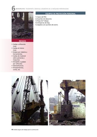 44 Análisis seguro de trabajo para la construcción
• Caídas a diferente
nivel.
• Caídas al mismo
nivel.
• Golpes por objetos y
herramientas.
• Caídas de material
sobre personas y
maquinas.
• Atropello o golpes
por vehículos.
• Sobreesfuerzos.
• Atrapamientos,
cortes, etc.
RIESGOS
EQUIPOS DE PROTECCIÓN PERSONAL
1. Casco de PVC.
2. Guantes de descarne.
3. Ropa de Trabajo.
4. Antiparras de Seg.
5. Zapatos con puntera de acero.
MICROPILOTES: TRANSPORTE, MONTAJE, DESMONTE DE LA MÁQUINA PERFORADORA
6
 