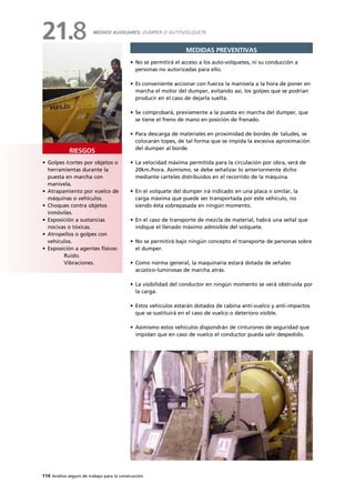 114 Análisis seguro de trabajo para la construcción
• Golpes /cortes por objetos o
herramientas durante la
puesta en marcha con
manivela.
• Atrapamiento por vuelco de
máquinas o vehículos.
• Choques contra objetos
inmóviles.
• Exposición a sustancias
nocivas o tóxicas.
• Atropellos o golpes con
vehículos.
• Exposición a agentes físicos:
Ruido.
Vibraciones.
RIESGOS
MEDIDAS PREVENTIVAS
• No se permitirá el acceso a los auto-volquetes, ni su conducción a
personas no autorizadas para ello.
• Es conveniente accionar con fuerza la manivela a la hora de poner en
marcha el motor del dumper, evitando así, los golpes que se podrían
producir en el caso de dejarla suelta.
• Se comprobará, previamente a la puesta en marcha del dumper, que
se tiene el freno de mano en posición de frenado.
• Para descarga de materiales en proximidad de bordes de taludes, se
colocarán topes, de tal forma que se impida la excesiva aproximación
del dumper al borde.
• La velocidad máxima permitida para la circulación por obra, será de
20km./hora. Asimismo, se debe señalizar lo anteriormente dicho
mediante carteles distribuidos en el recorrido de la máquina.
• En el volquete del dumper irá indicado en una placa o similar, la
carga máxima que puede ser transportada por este vehículo, no
siendo ésta sobrepasada en ningún momento.
• En el caso de transporte de mezcla de material, habrá una señal que
indique el llenado máximo admisible del volquete.
• No se permitirá bajo ningún concepto el transporte de personas sobre
el dumper.
• Como norma general, la maquinaría estará dotada de señales
acústico-luminosas de marcha atrás.
• La visibilidad del conductor en ningún momento se verá obstruida por
la carga.
• Estos vehículos estarán dotados de cabina anti-vuelco y anti-impactos
que se sustituirá en el caso de vuelco o deterioro visible.
• Asimismo estos vehículos dispondrán de cinturones de seguridad que
impidan que en caso de vuelco el conductor pueda salir despedido.
MEDIOS AUXILIARES: DUMPER O AUTOVOLQUETE
21.8
 
