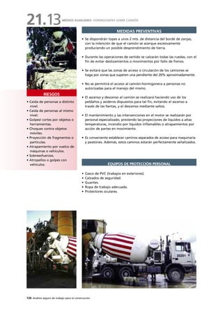 126 Análisis seguro de trabajo para la construcción
• Caída de personas a distinto
nivel.
• Caída de personas al mismo
nivel.
• Golpes/ cortes por objetos o
herramientas.
• Choques contra objetos
móviles.
• Proyección de fragmentos o
partículas.
• Atrapamiento por vuelco de
máquinas o vehículos.
• Sobreesfuerzos.
• Atropellos o golpes con
vehículos.
RIESGOS
MEDIDAS PREVENTIVAS
• Se dispondrán topes a unos 2 mts. de distancia del borde de zanjas,
con la intención de que el camión se acerque excesivamente
produciendo un posible desprendimiento de tierra.
• Durante las operaciones de vertido se calzarán todas las ruedas, con el
fin de evitar deslizamientos o movimientos por fallo de frenos.
• Se evitará que las zonas de acceso o circulación de los camiones se
haga por zonas que superen una pendiente del 20% aproximadamente.
• No se permitirá el acceso al camión-hormigonera a personas no
autorizadas para el manejo del mismo.
• El ascenso y descenso al camión se realizará haciendo uso de los
peldaños y asideros dispuestos para tal fin, evitando el ascenso a
través de las llantas, y el descenso mediante saltos.
• El mantenimiento y las intervenciones en el motor se realizarán por
personal especializado, previendo las proyecciones de líquidos a altas
temperaturas, incendio por líquidos inflamables o atrapamientos por
acción de partes en movimiento.
• Es conveniente establecer caminos separados de acceso para maquinaria
y peatones. Además, estos caminos estarán perfectamente señalizados.
• Casco de PVC (trabajos en exteriores).
• Calzados de seguridad.
• Guantes.
• Ropa de trabajo adecuada.
• Protectores oculares.
EQUIPOS DE PROTECCIÓN PERSONAL
MEDIOS AUXILIARES: HORMIGONERA SOBRE CAMIÓN
21.13
 