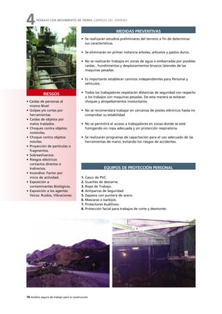 MEDIDAS PREVENTIVAS
• Se realizarán estudios preliminares del terreno a fin de determinar
sus características.
• Se eliminarán en primer instancia árboles, arbustos y pastos duros.
• No se realizarán trabajos en zonas de agua o embarradas por posibles
caídas , hundimientos y desplazamientos bruscos laterales de las
maquinas pesadas.
• Es importante establecer caminos independientes para Personal y
vehículos.
• Todos los trabajadores respetarán distancias de seguridad con respecto
a los trabajos con maquinas pesadas. De esta manera se evitaran
choques y atropellamientos involuntarios.
• No se recomendará trabajar en cercanías de postes eléctricos hasta no
comprobar su estabilidad.
• No se permitirá el acceso a trabajadores en zonas donde se esté
fumigando sin ropa adecuada y sin protección respiratoria.
• Se realizarán programas de capacitación para el uso adecuado de las
herramientas de mano, evitando los riesgos de accidentes.
EQUIPOS DE PROTECCIÓN PERSONAL
1. Casco de PVC.
2. Guantes de descarne.
3. Ropa de Trabajo.
4. Antiparras de Seguridad.
5. Zapatos con puntera de acero.
6. Mascaras o barbijos.
7. Protectores Auditivos.
8. Protección facial para trabajos de corte y desmonte.
18 Análisis seguro de trabajo para la construcción
• Caídas de personas al
mismo Nivel
• Golpes y/o cortes por
herramientas
• Caídas de objetos por
malos traslados.
• Choques contra objetos
inmóviles.
• Choque contra objetos
móviles.
• Proyección de partículas o
fragmentos.
• Sobreesfuerzos.
• Riesgos eléctricos
contactos directos o
Indirectos.
• Incendios: Factor por
inicio de actividad.
• Exposición a
contaminantes Biológicos.
• Exposición a los agentes
físicos: Ruidos, Vibraciones
RIESGOS
TRABAJO CON MOVIMIENTO DE TIERRA: LIMPIEZA DEL TERRENO
4
 