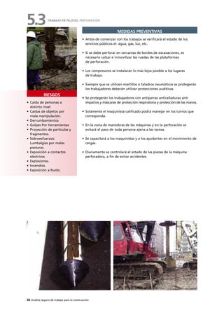 38 Análisis seguro de trabajo para la construcción
• Caída de personas a
distinto nivel
• Caídas de objetos por
mala manipulación.
• Derrumbamientos
• Golpes Por herramientas
• Proyección de partículas y
fragmentos.
• Sobreesfuerzos:
Lumbalgias por malas
posturas.
• Exposición a contactos
eléctricos
• Explosiones.
• Incendios.
• Exposición a Ruido.
RIESGOS
MEDIDAS PREVENTIVAS
• Antes de comenzar con los trabajos se verificará el estado de los
servicios públicos el: agua, gas, luz, etc.
• Si se debe perforar en cercanías de bordes de excavaciones, es
necesario calzar e inmovilizar las ruedas de las plataformas
de perforación.
• Los compresores se instalarán lo más lejos posible a los lugares
de trabajo.
• Siempre que se utilicen martillos o taladros neumáticos se protegerán
los trabajadores deberán utilizar protecciones auditivas.
• Se protegerán los trabajadores con antiparras antiralladuras anti
impactos y máscaras de protección respiratoria y protección de las manos.
• Solamente el maquinista calificado podrá manejar en los turnos que
corresponda.
• En la zona de maniobras de las máquinas y en la perforación se
evitará el paso de toda persona ajena a las tareas.
• Se capacitará a los maquinistas y a los ayudantes en el movimiento de
cargas.
• Diariamente se controlará el estado de las piezas de la máquina
perforadora, a fin de evitar accidentes.
TRABAJO EN PILOTES: PERFORACIÓN
5.3
 