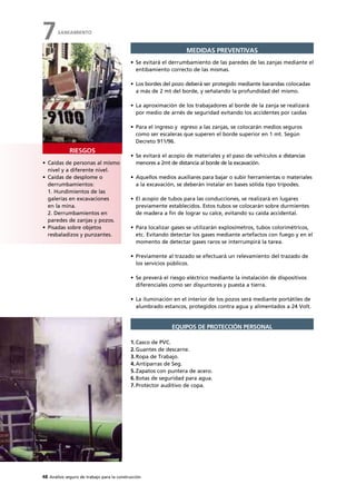 48 Análisis seguro de trabajo para la construcción
• Caídas de personas al mismo
nivel y a diferente nivel.
• Caídas de desplome o
derrumbamientos:
1. Hundimientos de las
galerías en excavaciones
en la mina.
2. Derrumbamientos en
paredes de zanjas y pozos.
• Pisadas sobre objetos
resbaladizos y punzantes.
RIESGOS
MEDIDAS PREVENTIVAS
• Se evitará el derrumbamiento de las paredes de las zanjas mediante el
entibamiento correcto de las mismas.
• Los bordes del pozo deberá ser protegido mediante barandas colocadas
a más de 2 mt del borde, y señalando la profundidad del mismo.
• La aproximación de los trabajadores al borde de la zanja se realizará
por medio de arnés de seguridad evitando los accidentes por caídas
• Para el ingreso y egreso a las zanjas, se colocarán medios seguros
como ser escaleras que superen el borde superior en 1 mt. Según
Decreto 911/96.
• Se evitará el acopio de materiales y el paso de vehículos a distancias
menores a 2mt de distancia al borde de la excavación.
• Aquellos medios auxiliares para bajar o subir herramientas o materiales
a la excavación, se deberán instalar en bases sólida tipo trípodes.
• El acopio de tubos para las conducciones, se realizará en lugares
previamente establecidos. Estos tubos se colocarán sobre durmientes
de madera a fin de lograr su calce, evitando su caída accidental.
• Para localizar gases se utilizarán explosímetros, tubos colorimétricos,
etc. Evitando detectar los gases mediante artefactos con fuego y en el
momento de detectar gases raros se interrumpirá la tarea.
• Previamente al trazado se efectuará un relevamiento del trazado de
los servicios públicos.
• Se preverá el riesgo eléctrico mediante la instalación de dispositivos
diferenciales como ser disyuntores y puesta a tierra.
• La iluminación en el interior de los pozos será mediante portátiles de
alumbrado estancos, protegidos contra agua y alimentados a 24 Volt.
1.Casco de PVC.
2.Guantes de descarne.
3.Ropa de Trabajo.
4.Antiparras de Seg.
5.Zapatos con puntera de acero.
6.Botas de seguridad para agua.
7.Protector auditivo de copa.
EQUIPOS DE PROTECCIÓN PERSONAL
SANEAMIENTO
7
 
