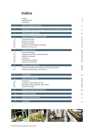 6 Análisis seguro de trabajo para la construcción
Indice
4
4
5
11
13
15
17
17
19
21
25
27
29
29
31
33
37
39
41
43
43
45
47
49
49
51
55
59
63
67
71
73
Créditos
Agradecimientos
Introducción
Limpieza del terreno
Excavación de zanjas
Excavación de pozos
Excavación con herramientas neumáticas
Rellenos con tierra y roca
Acopio de materiales.
Descarga de materiales y equipos mecánicos.
Instalación de equipos.
Perforación.
Introducción de armadura.
Inyección del micropilote.
Transporte, montaje y desmontaje de la máquina perforadora.
Perforación de los pilotes y retiro de tierra.
Cimentación.
Encofrados y desencofrados de losas.
Encofrados y desencofrados de vigas y pilares.
Colado de hormigón.
1 ASPECTOS GENERALES EN OBRA
2 PREVENCIÓN DE RIESGOS APLICABLES AL PERSONAL ADMINISTRATIVO DE OBRA
3 TRABAJOS EN DEMOLICIONES
4 TRABAJOS CON MOVIMIENTO DE TIERRA
5 TRABAJOS EN PILOTES
6 TRABAJOS EN MICROPILOTES
7 SANEAMIENTO
8 TRABAJOS CON HORMIGÓN
9 MONTAJE DE ESTRUCTURAS METÁLICAS
10 TRABAJOS CON HIERRO
12 ALBAÑILERÍA
4
4/1
4/2
4/3
4/4
5
5/1
5/2
5/3
5/4
5/5
6
6/1
8
8/1
8/2
8/3
11 MONTAJE DE PREFABRICADOS
 