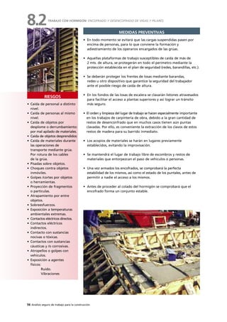 56 Análisis seguro de trabajo para la construcción
RIESGOS
MEDIDAS PREVENTIVAS
• Caída de personal a distinto
nivel.
• Caída de personas al mismo
nivel.
• Caída de objetos por
desplome o derrumbamiento:
por mal apilado de materiales.
• Caída de objetos desprendidos:
• Caída de materiales durante
las operaciones de
transporte mediante grúa.
Por rotura de los cables
de la grúa.
• Pisadas sobre objetos.
• Choques contra objetos
inmóviles.
• Golpes /cortes por objetos
o herramientas.
• Proyección de fragmentos
o partículas.
• Atrapamiento por entre
objetos.
• Sobreesfuerzos.
• Exposición a temperaturas
ambientales extremas.
• Contactos eléctricos directos.
• Contactos eléctricos
indirectos.
• Contacto con sustancias
nocivas o tóxicas.
• Contactos con sustancias
cáusticas y /o corrosivas.
• Atropellos o golpes con
vehículos.
• Exposición a agentes
físicos:
Ruido.
Vibraciones
• En todo momento se evitará que las cargas suspendidas pasen por
encima de personas, para lo que conviene la formación y
adiestramiento de los operarios encargados de las grúas.
• Aquellas plataformas de trabajo susceptibles de caída de más de
2 mts. de altura, se protegerán en todo el perímetro mediante la
protección establecida en el plan de seguridad (redes, barandillas, etc.).
• Se deberán proteger los frentes de losas mediante barandas,
redes u otro dispositivo que garantice la seguridad del trabajador
ante el posible riesgo de caída de altura.
• En los fondos de las losas de escalera se clavarán listones atravesados
para facilitar el acceso a plantas superiores y así lograr un tránsito
más seguro.
• El orden y limpieza del lugar de trabajo se hacen especialmente importante
en los trabajos de carpintería de obra, debido a la gran cantidad de
restos de desenconfrado que en muchos casos tienen aún puntas
clavadas. Por ello, es conveniente la extracción de los clavos de estos
restos de madera para su barrido inmediato.
• Los acopios de materiales se harán en lugares previamente
establecidos, evitando la improvisación.
• Se mantendrá el lugar de trabajo libre de escombros y restos de
materiales que entorpezcan el paso de vehículos o personas.
• Una vez armados los encofrados, se comprobará la perfecta
estabilidad de los mismos, así como el estado de los puntales, antes de
permitir a nadie el acceso a los mismos.
• Antes de proceder al colado del hormigón se comprobará que el
encofrado forma un conjunto estable.
TRABAJO CON HORMIGÓN: ENCOFRADO Y DESENCOFRADO DE VIGAS Y PILARES
8.2
 