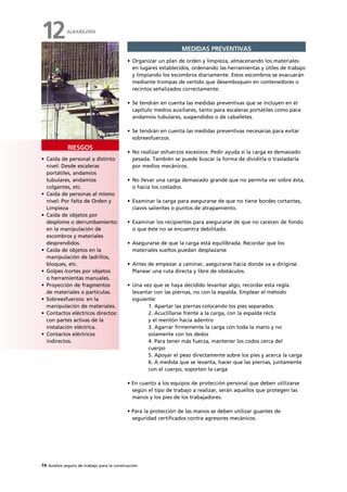 74 Análisis seguro de trabajo para la construcción
MEDIDAS PREVENTIVAS
• Organizar un plan de orden y limpieza, almacenando los materiales
en lugares establecidos, ordenando las herramientas y útiles de trabajo
y limpiando los escombros diariamente. Estos escombros se evacuarán
mediante trompas de vertido que desemboquen en contenedores o
recintos señalizados correctamente.
• Se tendrán en cuenta las medidas preventivas que se incluyen en el
capítulo medios auxiliares, tanto para escaleras portátiles como para
andamios tubulares, suspendidos o de caballetes.
• Se tendrán en cuenta las medidas preventivas necesarias para evitar
sobreesfuerzos.
• No realizar esfuerzos excesivos. Pedir ayuda si la carga es demasiado
pesada. También se puede buscar la forma de dividirla o trasladarla
por medios mecánicos.
• No llevar una carga demasiado grande que no permita ver sobre ésta,
o hacia los costados.
• Examinar la carga para asegurarse de que no tiene bordes cortantes,
clavos salientes o puntos de atrapamiento.
• Examinar los recipientes para asegurarse de que no carecen de fondo
o que éste no se encuentra debilitado.
• Asegurarse de que la carga está equilibrada. Recordar que los
materiales sueltos puedan desplazarse.
• Antes de empezar a caminar, asegurarse hacia donde va a dirigirse.
Planear una ruta directa y libre de obstáculos.
• Una vez que se haya decidido levantar algo, recordar esta regla:
levantar con las piernas, no con la espalda. Emplear el método
siguiente:
1. Apartar las piernas colocando los pies separados.
2. Acuclillarse frente a la carga, con la espalda recta
y el mentón hacia adentro
3. Agarrar firmemente la carga con toda la mano y no
solamente con los dedos
4. Para tener más fuerza, mantener los codos cerca del
cuerpo
5. Apoyar el peso directamente sobre los pies y acerca la carga
6. A medida que se levanta, hacer que las piernas, juntamente
con el cuerpo, soporten la carga
• En cuanto a los equipos de protección personal que deben utilizarse
según el tipo de trabajo a realizar, serán aquellos que protegen las
manos y los pies de los trabajadores.
• Para la protección de las manos se deben utilizar guantes de
seguridad certificados contra agresores mecánicos.
• Caída de personal a distinto
nivel: Desde escaleras
portátiles, andamios
tubulares, andamios
colgantes, etc.
• Caída de personas al mismo
nivel: Por falta de Orden y
Limpieza
• Caída de objetos por
desplome o derrumbamiento:
en la manipulación de
escombros y materiales
desprendidos.
• Caída de objetos en la
manipulación de ladrillos,
bloques, etc.
• Golpes /cortes por objetos
o herramientas manuales.
• Proyección de fragmentos
de materiales o partículas.
• Sobreesfuerzos: en la
manipulación de materiales.
• Contactos eléctricos directos:
con partes activas de la
instalación eléctrica.
• Contactos eléctricos
indirectos.
RIESGOS
ALBAÑILERÍA
12
 
