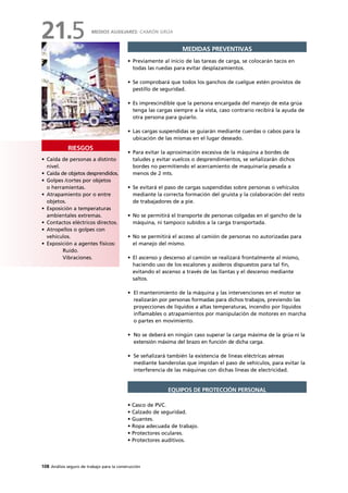 108 Análisis seguro de trabajo para la construcción
• Caída de personas a distinto
nivel.
• Caída de objetos desprendidos.
• Golpes /cortes por objetos
o herramientas.
• Atrapamiento por o entre
objetos.
• Exposición a temperaturas
ambientales extremas.
• Contactos eléctricos directos.
• Atropellos o golpes con
vehículos.
• Exposición a agentes físicos:
Ruido.
Vibraciones.
RIESGOS
MEDIDAS PREVENTIVAS
• Previamente al inicio de las tareas de carga, se colocarán tacos en
todas las ruedas para evitar desplazamientos.
• Se comprobará que todos los ganchos de cuelgue estén provistos de
pestillo de seguridad.
• Es imprescindible que la persona encargada del manejo de esta grúa
tenga las cargas siempre a la vista, caso contrario recibirá la ayuda de
otra persona para guiarlo.
• Las cargas suspendidas se guiarán mediante cuerdas o cabos para la
ubicación de las mismas en el lugar deseado.
• Para evitar la aproximación excesiva de la máquina a bordes de
taludes y evitar vuelcos o desprendimientos, se señalizarán dichos
bordes no permitiendo el acercamiento de maquinaria pesada a
menos de 2 mts.
• Se evitará el paso de cargas suspendidas sobre personas o vehículos
mediante la correcta formación del gruista y la colaboración del resto
de trabajadores de a pie.
• No se permitirá el transporte de personas colgadas en el gancho de la
máquina, ni tampoco subidos a la carga transportada.
• No se permitirá el acceso al camión de personas no autorizadas para
el manejo del mismo.
• El ascenso y descenso al camión se realizará frontalmente al mismo,
haciendo uso de los escalones y asideros dispuestos para tal fin,
evitando el ascenso a través de las llantas y el descenso mediante
saltos.
• El mantenimiento de la máquina y las intervenciones en el motor se
realizarán por personas formadas para dichos trabajos, previendo las
proyecciones de líquidos a altas temperaturas, incendio por líquidos
inflamables o atrapamientos por manipulación de motores en marcha
o partes en movimiento.
• No se deberá en ningún caso superar la carga máxima de la grúa ni la
extensión máxima del brazo en función de dicha carga.
• Se señalizará también la existencia de líneas eléctricas aéreas
mediante banderolas que impidan el paso de vehículos, para evitar la
interferencia de las máquinas con dichas líneas de electricidad.
• Casco de PVC.
• Calzado de seguridad.
• Guantes.
• Ropa adecuada de trabajo.
• Protectores oculares.
• Protectores auditivos.
EQUIPOS DE PROTECCIÓN PERSONAL
MEDIOS AUXILIARES: CAMIÓN GRÚA
21.5
 