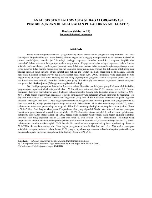 Analisis Sekolah Swasta Sebagai Organisasi Pembelajaran Di Kelurahan