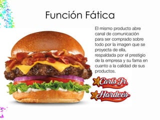 Función Fática
El mismo producto abre
canal de comunicación
para ser comprado sobre
todo por la imagen que se
proyecta de ella,
respaldada por el prestigio
de la empresa y su fama en
cuanto a la calidad de sus
productos.
 