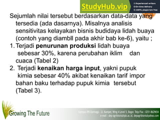 Sejumlah nilai tersebut berdasarkan data-data yang
tersedia (ada dasarnya). Misalnya analisis
sensitivitas kelayakan bisnis budidaya lidah buaya
(contoh yang diambll pada akhir bab ke-6), yaitu ;
1.Terjadi penurunan produksi lidah buaya
sebesar 30%, karena perubahan iklim dan
cuaca (Tabel 2)
2. Terjadi kenaikan harga input, yakni pupuk
kimia sebesar 40% akibat kenaikan tarif impor
bahan baku terhadap pupuk kimia tersebut
(Tabel 3).
 