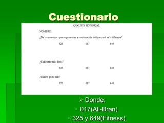 Cuestionario

 Donde:
 017(All-Bran)
 325 y 649(Fitness)

 