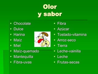 Olor
y sabor









Chocolate
Dulce
Harina
Maíz
Miel
Maíz-quemado
Mantequilla
Fibra-uvas










Fibra
Azúcar
Tostado-vitamina
Arroz-seco
Tierra
Leche-vainilla
Leche
Frutas-secas

 