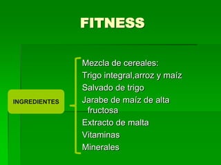 FITNESS

INGREDIENTES

Mezcla de cereales:
Trigo integral,arroz y maíz
Salvado de trigo
Jarabe de maíz de alta
fructosa
Extracto de malta
Vitaminas
Minerales

 