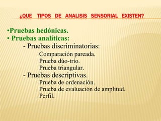 ¿QUE TIPOS DE ANALISIS SENSORIAL EXISTEN?

•Pruebas hedónicas.
• Pruebas analíticas:
     - Pruebas discriminatorias:
           Comparación pareada.
           Prueba dúo-trío.
           Prueba triangular.
     - Pruebas descriptivas.
           Prueba de ordenación.
           Prueba de evaluación de amplitud.
           Perfil.
 