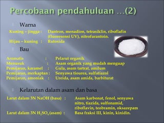    Warna
 Kuning – jingga :   Dantron, menadion, tetrasiklin, riboflafin
                     (fluoresensi UV), nitrofurantoin.
 Hijau – kuning :    Rutosida
      Bau
Aromatis           :     Pelarut organik
Menusuk              :   Asam organik yang mudah menguap
Pemijaran, karamel :     Gula, asam tartrat, amilum
Pemijaran, merkaptan :   Senyawa tiourea, sulfatiazol
Pemijaran, amoniak :     Ureida, asam amida, barbiturat

      Kelarutan dalam asam dan basa
Larut dalam 3N NaOH (basa) :       Asam karbonat, fenol, senyawa
                                   nitro, tiazida, sulfonamid,
                                   riboflavin, teobramin, oksazepam
Larut dalam 3N H2SO4 (asam) :      Basa fraksi III, kinin, kinidin.
 