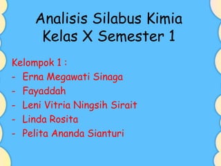 Analisis Silabus Kimia
Kelas X Semester 1
Kelompok 1 :
- Erna Megawati Sinaga
- Fayaddah
- Leni Vitria Ningsih Sirait
- Linda Rosita
- Pelita Ananda Sianturi
 