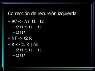 Corrección de recursión izquierda <ul><li>NT  ->  NT  t1 | t2 </li></ul><ul><ul><li>t2 t1 t1 t1 ... t1 </li></ul></ul><ul>...