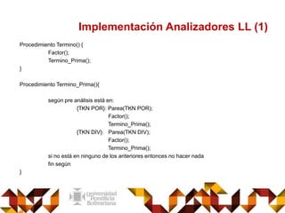 Implementación Analizadores LL (1)
Procedimiento Termino() {
Factor();
Termino_Prima();
}
Procedimiento Termino_Prima(){
según pre análisis está en:
{TKN POR}: Parea(TKN POR);
Factor();
Termino_Prima();
{TKN DIV}: Parea(TKN DIV);
Factor();
Termino_Prima();
si no está en ninguno de los anteriores entonces no hacer nada
fin según
}
 