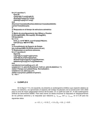 for j=1:npuntos-1; 
t(j)=j*dt; 
uys(j)=qt(j,1);urs(j)=qt(j,2); 
dfuerte(j)=uys(j)+0.5*urs(j); 
ddebil(j)=uys(j)-0.5*urs(j); 
end 
dfuermax=max(abs(dfuerte));ddebmax=max(abs(ddebil)); 
uymax=max(abs(uys)); 
% 
% Respuesta en el tiempo de estructura asimetrica 
% 
% Matriz de amortiguamiento tipo Wilson y Penzien 
[V,D]=eig(KS,MS); Wn=sqrt(D); W=diag(Wn); 
CS=zeros(2,2); 
for i=1:2 
fi=V(:,i); mi=fi'*MS*fi; aux=2*zeda(i)*W(i)/mi; 
CS=CS+aux.*MS*fi*fi'*MS; 
end 
% Procedimiento de Espacio de Estado 
[qt,vt,q]=pse3(MS,CS,KS,Qo,sismo,dt,var); 
% Respuestas en porticos extremos, 
for j=1:npuntos-2; 
tt(j)=j*dt; 
uy(j)=qt(j,1);uyy(j)=uy(j)/uymax; 
ur(j)=qt(j,2);urr(j)=ur(j)/uymax; 
dfuertenor(j)=(uy(j)+0.5*ur(j))/dfuermax; 
ddebilnor(j)=(uy(j)-0.5*ur(j))/ddebmax; 
end 
correlacion=corrcoef(uyy,urr); clf; 
subplot (2,1,1); plot (tt,dfuertenor); hold on; plot (tt,ddebilnor,':'); 
xlabel ('Tiempo (s)');ylabel('Desp. Normalizado'); 
subplot (2,1,2); plot (uyy,urr); 
xlabel ('uy/uymax');ylabel('ur/uymax'); 
% ---fin--- 
• EJEMPLO 6 
En la figura 7.13, a la izquierda, se presenta un acelerograma sintético cuyo espectro elástico se indica a la derecha y es aproximado al espectro del Código Ecuatoriano de la Construcción CEC-2000 para la zona de mayor peligrosidad sísmica del Ecuador, en un perfil de suelo S1. A este acelerograma artificial se denominará SISMO. Para este evento se desea encontrar la respuesta en desplazamientos de los pórticos extremos y la respuesta que relaciona con en el C.M para los siguientes datos: max/yyqqmax/yrqq 
05.0;8.0;0.1;10.0ˆ;5.0==Ω===ξαθsTeyx.  