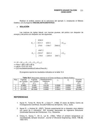 ROBERTO AGUIAR FALCONI 
CEINCI-ESPE 
321 
Realizar el análisis sísmico de la estructura del ejemplo 3, empleando el Método Estático, con el programa VISCOELASTICOESTATICO. 
• SOLUCIÓN 
Las matrices de rigidez lateral, con inercias gruesas, del pórtico con disipador de energía y del pórtico sin disipador son las siguientes: 
10.28687.31060.2701.62835.36319.8588LDLKK= ⎥⎥⎥ ⎦ ⎤ ⎢⎢⎢ ⎣ ⎡ − −= 
21.20478.22850.2704.46417.28102.6947LLKK= ⎥⎥⎥ ⎦ ⎤ ⎢⎢⎢ ⎣ ⎡ − −= 
 ];;;;[12221LDLLLLDKKKKKKL= 
 Peso = [86.4; 86.4; 86.4] 
 altura = [3.0; 6.0; 9.0] 
 [V]=viscoelasticoestatico(5,altura,Peso,KL) 
El programa reporta los resultados indicados en la tabla 10.4 
Tabla 10.4 Respuestas máximas en el Centro de Masas con Método Estático 
Piso 
Fuerzas 
sin Torsión 
(T.) 
Fuerzas 
con Torsión 
(T.) 
Desplazamientos 
Inelásticos 
(m.) 
iγ 
iθ 
Fuerzas 
Finales 
(T.) 
1 
8.5863 
9.445 
0.0139 
0.0046 
0.0094 
9.445 
2 
17.1727 
18.890 
0.0352 
0.0071 
0.0057 
18.890 
3 
25.7590 
28.3349 
0.0480 
0.0043 
0.0029 
28.3349 
REFERENCIAS 
1. Aguiar R., Torres M., Romo M., y Caiza P., (1998), El sismo de Bahía, Centro de Investigaciones Científicas. Escuela Politécnica del Ejército, 125 p., Quito. 
2. Aguiar R., y Jiménez M., (2007), “Estudio experimental de un disipador visco elástico con goma de 6 milímetros”, XIX Jornadas Nacionales de Ingeniería Estructural. Universidad Nacional del Chimborazo, 10 p., Riobamba. 
3. Chang K., Soong T., Oh S., Lai M., (1992), “Effect of ambient temperature on viscoelastically damped structure”, Journal of Structural Engineering, ASCE, 118 (7), 1955-1973.  