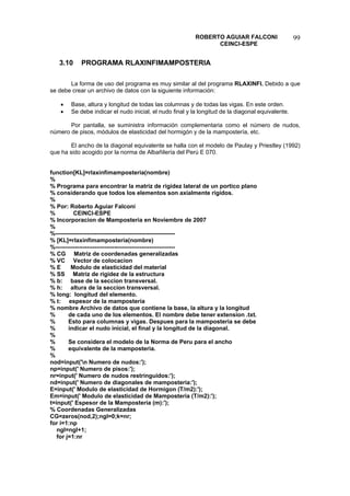 ROBERTO AGUIAR FALCONI 
CEINCI-ESPE 
99 
3.10 PROGRAMA RLAXINFIMAMPOSTERIA 
La forma de uso del programa es muy similar al del programa RLAXINFI. Debido a que se debe crear un archivo de datos con la siguiente información: 
• Base, altura y longitud de todas las columnas y de todas las vigas. En este orden. 
• Se debe indicar el nudo inicial, el nudo final y la longitud de la diagonal equivalente. 
Por pantalla, se suministra información complementaria como el número de nudos, número de pisos, módulos de elasticidad del hormigón y de la mampostería, etc. 
El ancho de la diagonal equivalente se halla con el modelo de Paulay y Priestley (1992) que ha sido acogido por la norma de Albañilería del Perú E 070. 
function[KL]=rlaxinfimamposteria(nombre) 
% 
% Programa para encontrar la matriz de rigidez lateral de un portico plano 
% considerando que todos los elementos son axialmente rigidos. 
% 
% Por: Roberto Aguiar Falconi 
% CEINCI-ESPE 
% Incorporacion de Mamposteria en Noviembre de 2007 
% 
%------------------------------------------------------------- 
% [KL]=rlaxinfimamposteria(nombre) 
%------------------------------------------------------------- 
%CG Matriz de coordenadas generalizadas 
% VC Vector de colocacion 
% E Modulo de elasticidad del material 
% SS Matriz de rigidez de la estructura 
% b: base de la seccion transversal. 
% h: altura de la seccion transversal. 
% long: longitud del elemento. 
% t: espesor de la mamposteria 
% nombre Archivo de datos que contiene la base, la altura y la longitud 
% de cada uno de los elementos. El nombre debe tener extension .txt. 
% Esto para columnas y vigas. Despues para la mamposteria se debe 
% indicar el nudo inicial, el final y la longitud de la diagonal. 
% 
% Se considera el modelo de la Norma de Peru para el ancho 
% equivalente de la mamposteria. 
% 
nod=input('n Numero de nudos:'); 
np=input(' Numero de pisos:'); 
nr=input(' Numero de nudos restringuidos:'); 
nd=input(' Numero de diagonales de mamposteria:'); 
E=input(' Modulo de elasticidad de Hormigon (T/m2):'); 
Em=input(' Modulo de elasticidad de Mamposteria (T/m2):'); 
t=input(' Espesor de la Mamposteria (m):'); 
% Coordenadas Generalizadas 
CG=zeros(nod,2);ngl=0;k=nr; 
for i=1:np 
ngl=ngl+1; 
for j=1:nr  