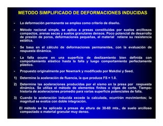 METODO SIMPLIFICADO DE DEFORMACIONES INDUCIDAS
- La deformación permanente se emplea como criterio de diseño.
- Método racional simple, se aplica a presas constituídas por suelos arcillosos
compactos, arenas secas y suelos granulares densos. Poco potencial de desarrollo
de presión de poros, deformaciones pequeñas, el material retiene su resistencia
estática.
- Se basa en el cálculo de deformaciones permanentes, con la evaluación de
respuesta dinámica.
- La falla ocurre en una superficie de deslizamiento bien definida con
comportamiento elástico hasta la falla y luego comportamiento perfectamente
plástico.
- Propuesto originalmente por Newmark y modificado por Makdisi y Seed.
1) Determine la aceleración de fluencia, la que produce FS = 1.0.
2) Determine las aceleraciones producidas por el sismo en la presa por respuesta
dinámica. Se utiliza el método de elementos finitos o vigas de corte. Tiempo-
historia de aceleraciones promedio para varias superficie potenciales de falla.
3) Cuando la aceleración inducida excede la calculada, ocurrirán movimientos; la
magnitud se evalúa con doble integración.
El método se ha aplicado a presas de altura de 30-60 mts., de suelo arcilloso
compactado o material granular muy denso.
 