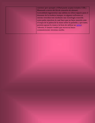 externos (por ejemplo: el IPad puede aceptar teclados USB y
Bluetooth a través del Kit de conexión de cámara)
Comodidad (ergonomía): una tableta no ofrece espacio para el
descanso de la muñeca (aunque en algunos softwares se
intenta remediar esto mediante una tecnología conocida
como palm rejection, la cual hace que no haya reacción ante
el toque de la palma de la mano sobre la pantalla; y por tanto,
permite apoyar la mano a la hora de utilizar un stylus).
Además, el usuario tendrá que mover su brazo
constantemente mientras escribe.
 