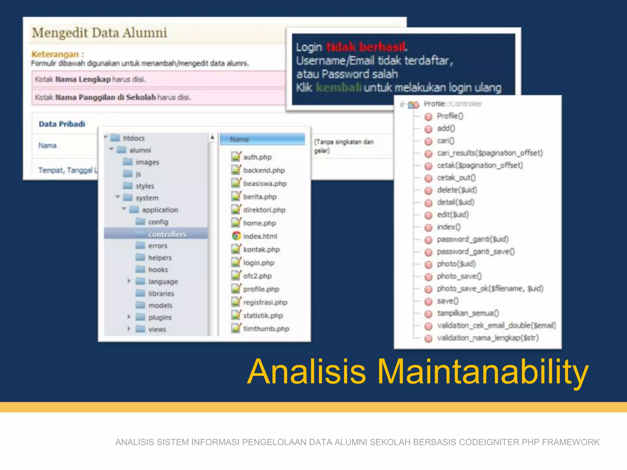 Analisis Maintanability
ANALISIS SISTEM INFORMASI PENGELOLAAN DATA ALUMNI SEKOLAH BERBASIS CODEIGNITER PHP FRAMEWORK
 