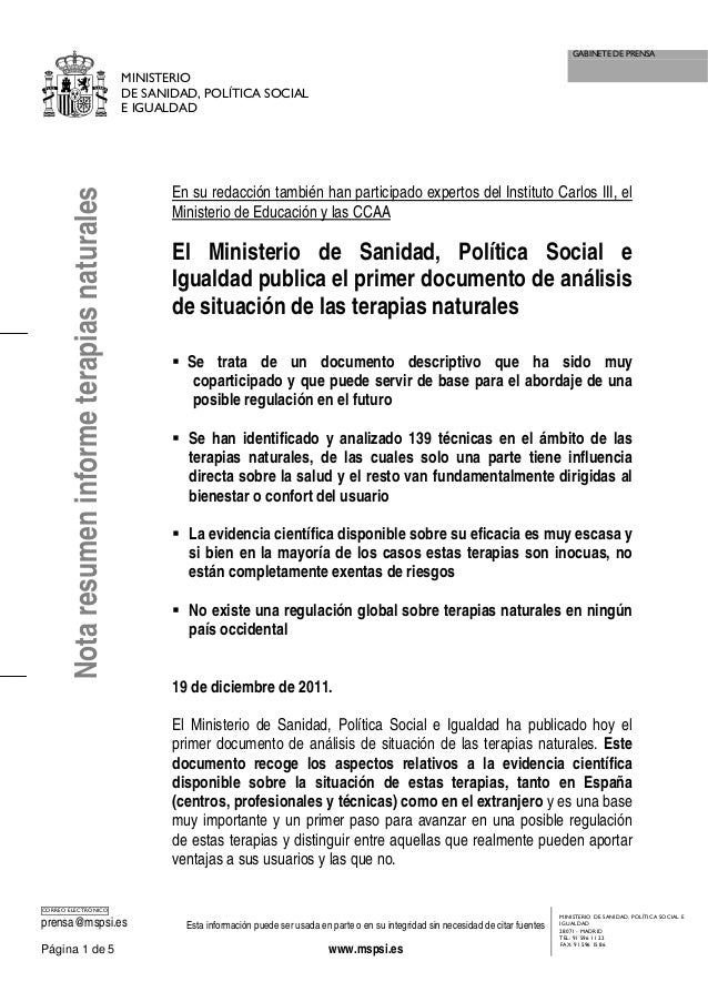 Resultado de imagen para ministerio de sanidad informe terapias naturales