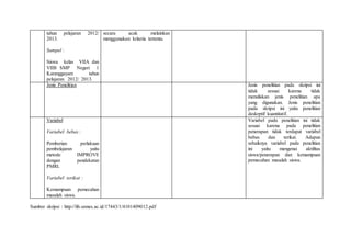 tahun pelajaran 2012/
2013.
Sampel :
Siswa kelas VIIA dan
VIIB SMP Negeri 1
Karanggayam tahun
pelajaran 2012/ 2013.
secara acak melainkan
menggunakan kriteria tertentu.
Jenis Penelitian Jenis penelitian pada skripsi ini
tidak sesuai karena tidak
menuliskan jenis penelitian apa
yang digunakan. Jenis penelitian
pada skripsi ini yaitu penelitian
deskrptif kuantitatif.
Variabel
Variabel bebas :
Pemberian perlakuan
pembelajaran yaitu
metode IMPROVE
dengan pendekatan
PMRI.
Variabel terikat :
Kemampuan pemecahan
masalah siswa.
Variabel pada penelitian ini tidak
sesuai karena pada penelitian
penerapan tidak terdapat variabel
bebas dan terikat. Adapun
sebaiknya variabel pada penelitian
ini yaitu mengenai aktifitas
siswa/penerapan dan kemampuan
pemecahan masalah siswa.
Sumber skripsi : http://lib.unnes.ac.id/17443/1/4101409012.pdf
 
