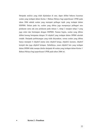 Daripada analisis yang telah dijalankan di atas, dapat dilihat bahawa kesemua
    soalan yang terdapat dalam Kertas 1 Bahasa Melayu bagi peperiksaan UPSR pada
    tahun 2006 adalah soalan yang menepati pelbagai topik yang terdapat dalam
    HSPBM. Dalam pada itu, soalan yang dibina juga mempunyai pelbagari aras
    pelakaran sama ada aras pelakaran pada tahaun 1, tahap 2 ataupun tahap 3 yang
    juga selari dan bertetapan dengan HSPBM. Namun begitu, soalan yang dibina
    dilihat kurang bertepatan dengan 10 objektif yang terdapat dalam SPBM sekolah
    rendah. Daripada perbincangan yang telah dinyatakan, semua soalan yang dibina
    hanya menepati 4 objektif utama iaitu objektif ketiga, objektif, keenam, objektif
    ketujuh dan juga objektif kelapan. Sebaliknya, enam objektif lain yang terdapat
    dalam SPBM tidak mampu dinilai daripada 40 soalan yang terdapat dalam Kertas 1
    Bahasa Melayu bagi peperiksaan UPSR pada tahun 2006 ini.




•             Kertas 2 : Penulisan


                                                                                  22
 