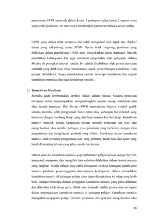 peperksaan UPSR sama ada dalam kertas 1 mahupun dalam kertas 2 seperti mana
   yang telah dijelaskan. Ini seterusnya memberikan gambaran bahawa kertas soalan




   UPSR yang dibina tidak menjurus dan tidak mengambil kira aspek dua objektif
   utama yang terkandung dalam SPBM. Secara tidak langsung, penilaian yang
   dilakukan dalam peperiksaan UPSR akan menyukarkan untuk mencapai falsafah
   pendidikan kebangsaan dan juga matlamat pengenalan mata pelajaran Bahasa
   Melayu di peringkat sekolah rendah. Ini adalah disebabkan oleh proses penilaian
   surmatif yang dilakukan tidak menekankan aspek perkembangan kemahiran lisan
   pelajar. Sebaliknya, hanya menekankan kepada beberapa kemahiran lain seperti
   kemahiran membaca dan juga kemahiran menulis.


2) Kemahiran Penulisan
   Menulis ialah pembentukan symbol tulisan dalam bahasa. Sesuatu penulisan
   bertujuan untuk menyampaikan, menghubungkan sesuatu mesej, maklumat atau
   idea kepada pembaca. Don Bryne (1979) menyatakan bahawa symbol grafik
   semasa menulis ialah penggunaan huruf-huruf atau gabungan huruf-huruf yang
   berkaitan dengan lambang bunyi yang kita buat semasa kita bercakap. Kemahiran
   menulis merujuk kepada keupayaan pelajar menulis perkataan dan ayat, dan
   mengeluarkan idea melalui pelbagai jenis penulisan yang berkaitan dengan ilmu
   pengetahuan dan pengalaman peribadi yang dilalui. Penekanan dalam kemahiran
   menulis ialah terhadap penggunaan ayat yang gramatis, tanda baca dan ejaan yang
   betul, di samping tulisan yang jelas, cantik dan kemas.


   Dalam pada itu, kemahiran menulis juga melibatkan pelajar-pelajar supaya berfikir,
   menaakul, menyusun dan mengolah idea sebelum dilahrikan dalam bentuk wacana
   yang lengkap. Pelajar-pelajar juga perlu menguasai struktur karangan seperti tahu
   menulis panduan, pemerengganan dan menulis kesimpulan. Dalam memastikan
   kemahiran menulis di kalangan pelajar akan dapat ditingkatkan ke tahap yang lebih
   baik, terdapat beberapa elemen pengajaran kemahiran menulis yang perlu difahami
   dan diketahui oleh setiap guru. Salah satu daripada adalah proses atau peringkat
   dalam meningkatkan kemahiran menulis di kalangan pelajar. Kemahiran menulis
   merupakan keupayaan pelajar menulis perkataan dan ayat dan mengeluarkan idea


                                                                                  28
 