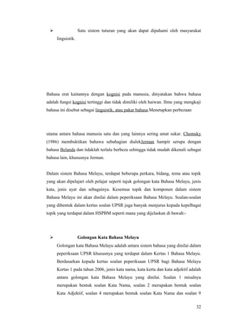                  Satu sistem tuturan yang akan dapat dipahami oleh masyarakat
     linguistik.




Bahasa erat kaitannya dengan kognisi pada manusia, dinyatakan bahwa bahasa
adalah fungsi kognisi tertinggi dan tidak dimiliki oleh haiwan. Ilmu yang mengkaji
bahasa ini disebut sebagai linguistik, atau pakar bahasa.Menetapkan perbezaan




utama antara bahasa manusia satu dan yang lainnya sering amat sukar. Chomsky
(1986) membuktikan bahawa sebahagian dialekJerman hampir serupa dengan
bahasa Belanda dan tidaklah terlalu berbeza sehingga tidak mudah dikenali sebagai
bahasa lain, khususnya Jerman.


Dalam sistem Bahasa Melayu, terdapat beberapa perkara, bidang, tema atau topik
yang akan dipelajari oleh pelajar seperti tajuk golongan kata Bahasa Melayu, jenis
kata, jenis ayat dan sebagainya. Kesemua topik dan komponen dalam sistem
Bahasa Melayu ini akan dinilai dalam peperiksaan Bahasa Melayu. Soalan-soalan
yang dibentuk dalam kertas soalan UPSR juga banyak menjurus kepada kepelbagai
topik yang terdapat dalam HSPBM seperti mana yang dijelaskan di bawah:-




                  Golongan Kata Bahasa Melayu
     Golongan kata Bahasa Melayu adalah antara sistem bahasa yang dinilai dalam
     peperiksaan UPSR khususnya yang terdapat dalam Kertas 1 Bahasa Melayu.
     Berdasarkan kepada kertas soalan peperiksaan UPSR bagi Bahasa Melayu
     Kertas 1 pada tahun 2006, jenis kata nama, kata kerta dan kata adjektif adalah
     antara golongan kata Bahasa Melayu yang dinilai. Soalan 1 misalnya
     merupakan bentuk soalan Kata Nama, soalan 2 merupakan bentuk soalan
     Kata Adjektif, soalan 4 merupakan bentuk soalan Kata Nama dan soalan 9

                                                                                32
 