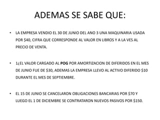 ADEMAS SE SABE QUE:
•   LA EMPRESA VENDIO EL 30 DE JUNIO DEL ANO 3 UNA MAQUINARIA USADA
    POR $40, CIFRA QUE CORRESPONDE AL VALOR EN LIBROS Y A LA VES AL
    PRECIO DE VENTA.


•   1¿EL VALOR CARGADO AL POG POR AMORTIZACION DE DIFERIDOS EN EL MES
    DE JUNIO FUE DE $30, ADEMAS LA EMPRESA LLEVO AL ACTIVO DIFERIDO $10
    DURANTE EL MES DE SEPTIEMBRE.


•   EL 15 DE JUNIO SE CANCELARON OBLIGACIONES BANCARIAS POR $70 Y
    LUEGO EL 1 DE DICIEMBRE SE CONTRATARON NUEVOS PASIVOS POR $150.
 