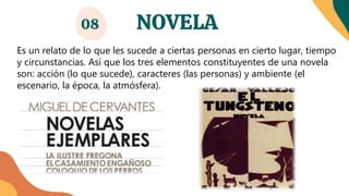 NOVELA
08
Es un relato de lo que les sucede a ciertas personas en cierto lugar, tiempo
y circunstancias. Así que los tres elementos constituyentes de una novela
son: acción (lo que sucede), caracteres (las personas) y ambiente (el
escenario, la época, la atmósfera).
 