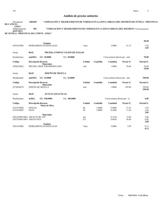 S10 Página : 1
Análisis de precios unitarios
Presupuesto 1002020 "AMPLIACION Y MEJORAMIENTO DE VEREDAS EN LA ZONA URBANA DEL DISTRITO DE ZUÑIGA - PROVINCIA
DE CAÑETE -
LIMA"
Subpresupuesto 001 "AMPLIACION Y MEJORAMIENTO DE VEREDAS EN LA ZONA URBANA DEL DISTRITO Fecha presupuesto
02/07/2013
DE ZUÑIGA - PROVINCIA DE CAÑETE - LIMA"
48.48
Equipos
0301010006 HERRAMIENTAS MANUALES %mo 3.0000 61.15 1.83
1.83
Partida 06.01 PRUEBA COMPACTACION DE SUELOS
Rendimiento und/DIA MO. 30.0000 EQ. 30.0000 Costo unitario directo por : und 70.00
Código Descripción Recurso Unidad Cuadrilla Cantidad Precio S/. Parcial S/.
Materiales
0290230062 PRUEBA: PROCTOR MODIFICADO und 1.0000 70.00 70.00
70.00
Partida 06.02 DISEÑO DE MEZCLA
Rendimiento und/DIA MO. 24.0000 EQ. 24.0000 Costo unitario directo por : und 350.00
Código Descripción Recurso Unidad Cuadrilla Cantidad Precio S/. Parcial S/.
Materiales
0276020078 DISEÑO DE MEZCLA und 1.0000 350.00 350.00
350.00
Partida 06.03 JUNTAS ASFALTICAS
Rendimiento m/DIA MO. 100.0000 EQ. 100.0000 Costo unitario directo por : m 6.09
Código Descripción Recurso Unidad Cuadrilla Cantidad Precio S/. Parcial S/.
Mano de Obra
0101010004 OFICIAL hh 1.0000 0.0800 13.14 1.05
0101010005 PEON hh 3.0000 0.2400 11.84 2.84
3.89
Materiales
02010500010001 ASFALTO RC-250 gal 0.1330 15.00 2.00
02070200010001 ARENA FINA m3 0.0020 38.00 0.08
2.08
Equipos
0301010006 HERRAMIENTAS MANUALES %mo 3.0000 3.89 0.12
0.12
Fecha : 04/07/2013 11:43:29a.m.
 