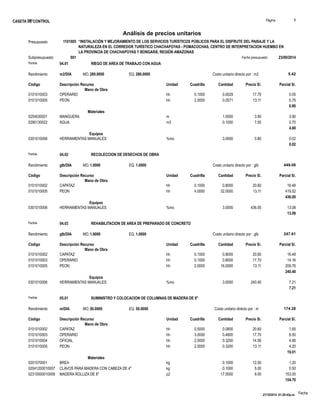 S10 Página : 1 
CASETA DE CONTROL 
Fecha : 
Análisis de precios unitarios 
Partida 04.01 RIEGO DE AREA DE TRABAJO CON AGUA 
Rendimiento m2/DIA MO.280.0000 EQ. 280.0000 Costo unitario directo por : m2 5.42 
Código Descripción Recurso Unidad Cuadrilla Cantidad Precio S/. Parcial S/. 
Mano de Obra 
0101010003 OPERARIO hh 0.1000 0.0029 17.70 0.05 
0101010005 PEON hh 2.0000 0.0571 13.11 0.75 
0.80 
Materiales 
0254030001 MANGUERA m 1.0000 3.90 3.90 
0290130022 AGUA m3 0.1000 7.00 0.70 
4.60 
Equipos 
0301010006 HERRAMIENTAS MANUALES %mo 3.0000 0.80 0.02 
0.02 
Partida 04.02 RECOLECCION DE DESECHOS DE OBRA 
Rendimiento glb/DIA MO.1.0000 EQ. 1.0000 Costo unitario directo por : glb 449.08 
Código Descripción Recurso Unidad Cuadrilla Cantidad Precio S/. Parcial S/. 
Mano de Obra 
0101010002 CAPATAZ hh 0.1000 0.8000 20.60 16.48 
0101010005 PEON hh 4.0000 32.0000 13.11 419.52 
436.00 
Equipos 
0301010006 HERRAMIENTAS MANUALES %mo 3.0000 436.00 13.08 
13.08 
Partida 04.03 REHABILITACION DE AREA DE PREPARADO DE CONCRETO 
Rendimiento glb/DIA MO.1.0000 EQ. 1.0000 Costo unitario directo por : glb 247.61 
Código Descripción Recurso Unidad Cuadrilla Cantidad Precio S/. Parcial S/. 
Mano de Obra 
0101010002 CAPATAZ hh 0.1000 0.8000 20.60 16.48 
0101010003 OPERARIO hh 0.1000 0.8000 17.70 14.16 
0101010005 PEON hh 2.0000 16.0000 13.11 209.76 
240.40 
Equipos 
0301010006 HERRAMIENTAS MANUALES %mo 3.0000 240.40 7.21 
7.21 
Partida 05.01 SUMINISTRO Y COLOCACION DE COLUMNAS DE MADERA DE 8" 
Rendimiento m/DIA MO.50.0000 EQ. 50.0000 Costo unitario directo por : m 174.28 
Código Descripción Recurso Unidad Cuadrilla Cantidad Precio S/. Parcial S/. 
Mano de Obra 
0101010002 CAPATAZ hh 0.5000 0.0800 20.60 1.65 
0101010003 OPERARIO hh 3.0000 0.4800 17.70 8.50 
0101010004 OFICIAL hh 2.0000 0.3200 14.56 4.66 
0101010005 PEON hh 2.0000 0.3200 13.11 4.20 
19.01 
Materiales 
0201070001 BREA kg 0.1000 12.00 1.20 
02041200010007 CLAVOS PARA MADERA CON CABEZA DE 4" kg 0.1000 5.00 0.50 
02310000010009 MADERA ROLLIZA DE 8" p2 17.0000 9.00 153.00 
154.70 
Presupuesto 1101005 “INSTALACIÓN Y MEJORAMIENTO DE LOS SERVICIOS TURÍSTICOS PÚBLICOS PARA EL DISFRUTE DEL PAISAJE Y LA 
NATURALEZA EN EL CORREDOR TURÍSTICO CHACHAPOYAS - POMACOCHAS, CENTRO DE INTERPRETACION HUEMBO EN 
LA PROVINCIA DE CHACHAPOYAS Y BONGARÁ, REGIÓN AMAZONAS 
Subpresupuesto 001 Fecha presupuesto 23/09/2014 
27/10/2014 01:29:43p.m. 
 