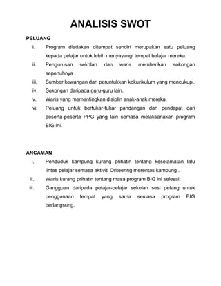 ANALISIS SWOT
PELUANG
i.

Program diadakan ditempat sendiri merupakan satu peluang
kepada pelajar untuk lebih menyayangi tempat belajar mereka.

ii.

Pengurusan

sekolah

dan

waris

memberikan

sokongan

sepenuhnya .
iii.

Sumber kewangan dari peruntukkan kokurikulum yang mencukupi.

iv.

Sokongan daripada guru-guru lain.

v.

Waris yang mementingkan disiplin anak-anak mereka.

vi.

Peluang untuk bertukar-tukar pandangan dan pendapat dari
peserta-peserta PPG yang lain semasa melaksanakan program
BIG ini.

ANCAMAN
i.

Penduduk kampung kurang prihatin tentang keselamatan lalu
lintas pelajar semasa aktiviti Oriteering merentas kampung .

ii.

Waris kurang prihatin tentang masa program BIG ini selesai.

iii.

Gangguan daripada pelajar-pelajar sekolah sesi petang untuk
penggunaan
berlangsung.

tempat

yang

sama

semasa

program

BIG

 