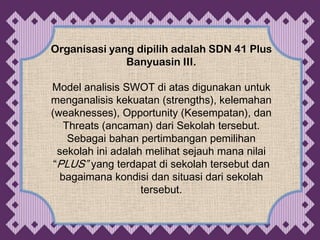 Organisasi yang dipilih adalah SDN 41 Plus
              Banyuasin III.

Model analisis SWOT di atas digunakan untuk
menganalisis kekuatan (strengths), kelemahan
(weaknesses), Opportunity (Kesempatan), dan
    Threats (ancaman) dari Sekolah tersebut.
     Sebagai bahan pertimbangan pemilihan
  sekolah ini adalah melihat sejauh mana nilai
 “PLUS” yang terdapat di sekolah tersebut dan
   bagaimana kondisi dan situasi dari sekolah
                    tersebut.
 