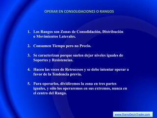 OPERAR EN CONSOLIDACIONES O RANGOS




1. Los Rangos son Zonas de Consolidación, Distribución
   o Movimientos Laterales.

2. Consumen Tiempo pero no Precio.

3. Se caracterizan porque suelen dejar niveles iguales de
   Soportes y Resistencias.

4. Hacen las veces de Retrocesos y se debe intentar operar a
   favor de la Tendencia previa.

5. Para operarlos, dividiremos la zona en tres partes
   iguales, y sólo los operaremos en sus extremos, nunca en
   el centro del Rango.




                                                   www.DiarioDeUnTrader.com
 
