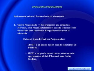 OPERACIONES PROGRAMADAS



Básicamente existen 2 formas de entrar al mercado:


2. Orden Programada = Programamos una entrada al
   Mercado, a un Precio Determinado, cuando tenemos señal
   de entrada pero la relación Riesgo/Beneficio no es la
   adecuada.

         Existen 2 tipos de Órdenes Programadas:

           - LIMIT: a un precio mejor, cuando esperamos un
             Pullback.

           - STOP: a un precio menos bueno, como cuando
             operamos un 61.8 de Fibonacci para Swing
             Trading.



                                                     www.DiarioDeUnTrader.com
 